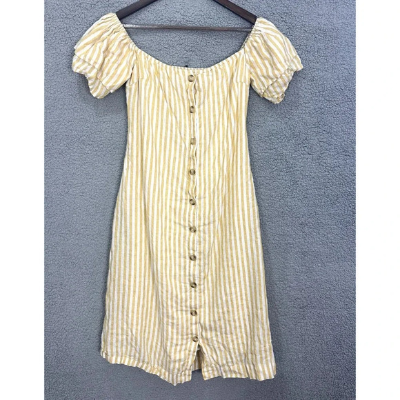 First Monday Midi Dress Women XS Yellow Striped Button Linen Boho Cottage Preppy - Picture 1 of 8
